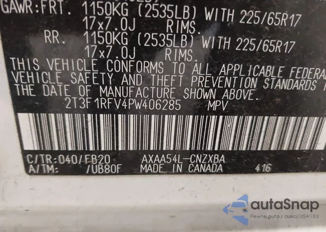 2023 Toyota Rav4 Le из США, поврежденный, VIN 2T3F1RFV4PW406285